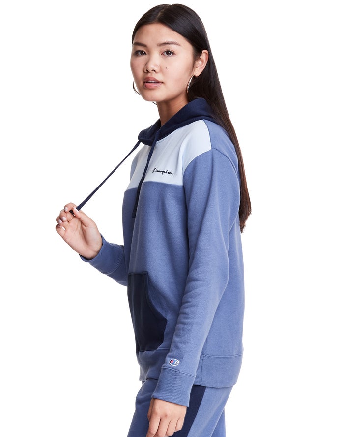 Champion Womens Hoodie NZ - Colorblock Fleece Blue ( 9318-OEAUR )